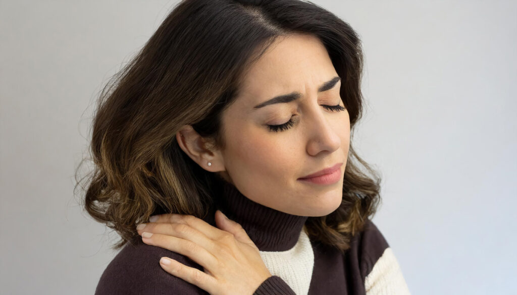 A woman with CRPS holding her shoulder in pain in Bethesda.