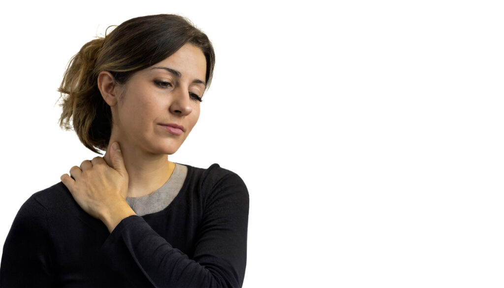 A woman holding her shoulder in pain against a white background in Bethesda.