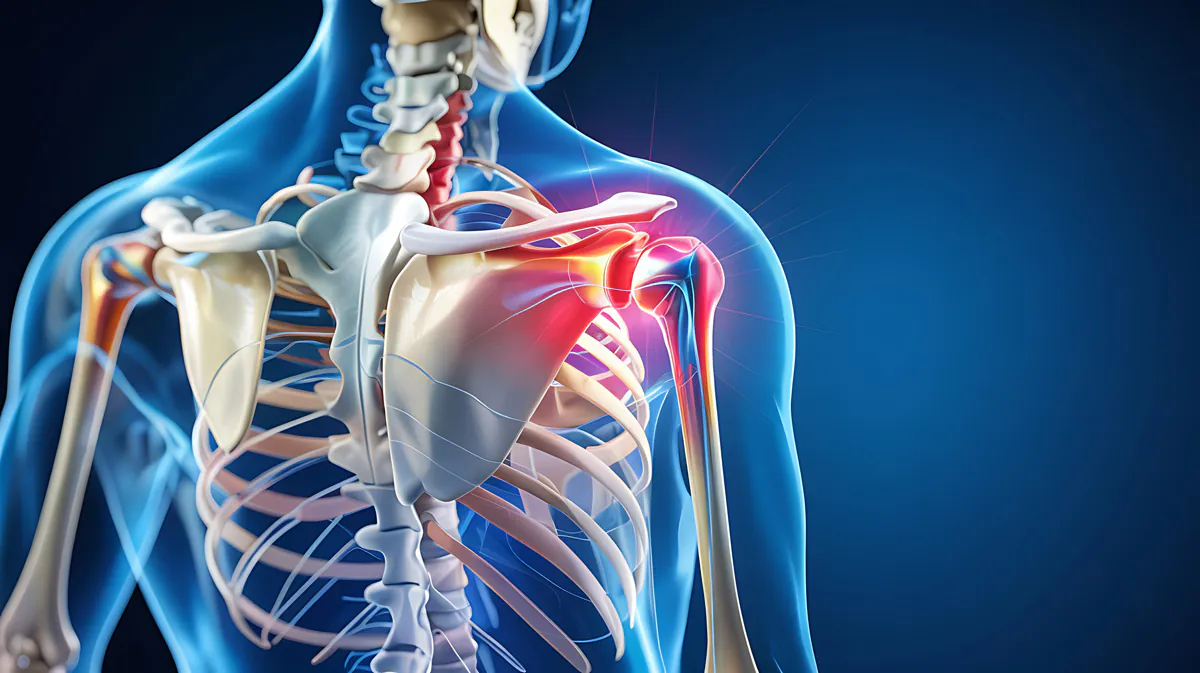 An illustrated image of a skeleton with a red emphasis on the shoulder.